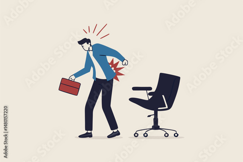 Office syndrome back pain, sitting and work too long causing back ache or inflammation of neck, shoulder and back muscles concept, painful office worker holding his back pain with office chair.