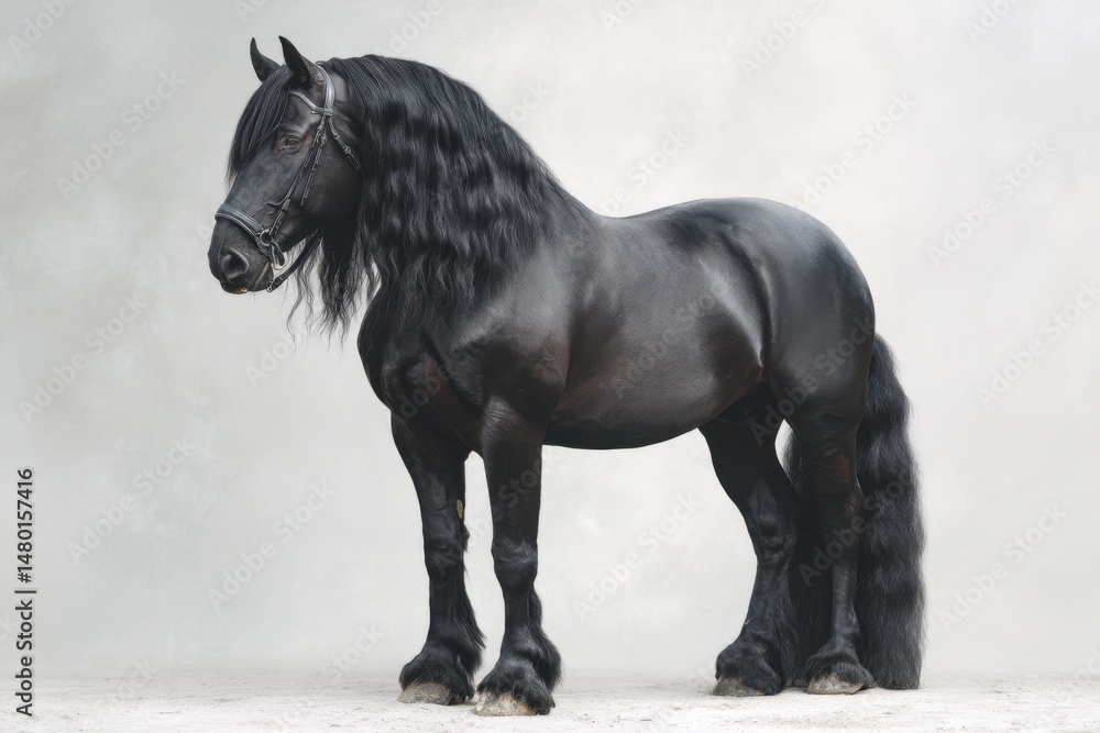 Naklejka premium Black Stallion Portrait: Majestic Horse on White Background