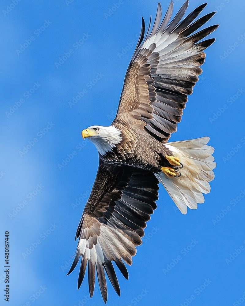 Obraz premium Majestic eagle soaring against a vibrant blue sky. Powerful wings spread wide