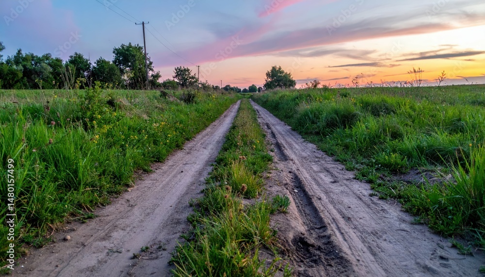 Naklejka premium Serene Country Road at Sunset Surrounded by Lush Greenery