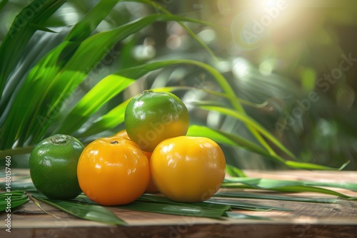 Fresh kedondong fruits, green and yellow skin with smooth texture, placed on a wooden table