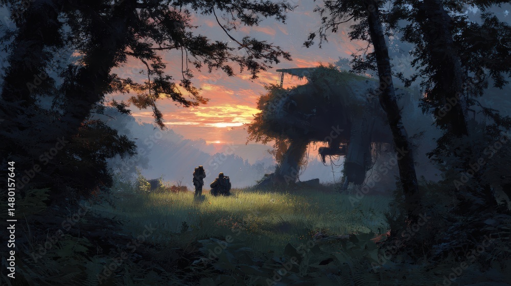 Silhouetted figures admire a sunset landscape. Silhouetted figures admire a sunset landscape.