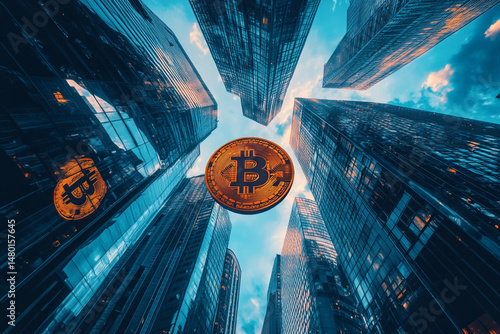Bitcoin cryptocurrency coin hovering above skyscrapers city finance technology