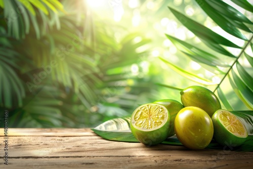 Fresh kedondong fruits, green and yellow skin with smooth texture, placed on a wooden table