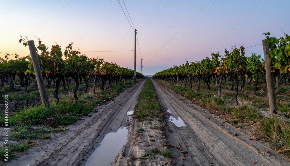 Fototapeta premium Serene Vineyard Pathway Under Soft Twilight Sky at Dusk