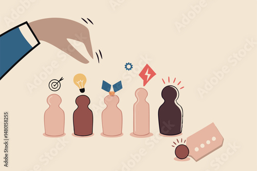 People management, human resources take care of talent, employee and colleagues in company concept, manager hand managing wooden doll with emotional, exhausted, skillful, sick leave or conflicted.