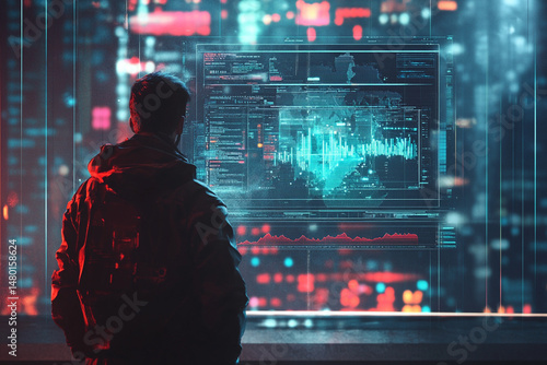 Person viewing futuristic data display at night city background