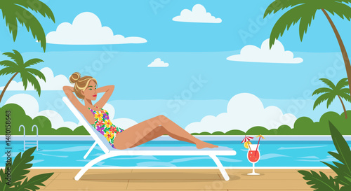 Young woman relaxing on a sun lounger by the pool with a cocktail  