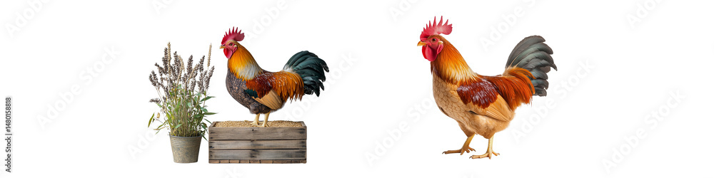 Collection of roosters in rustic settings, transparent background. Collection of roosters in rustic settings, transparent background.