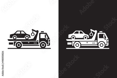 Tow truck pulling car silhouette vector. Tow truck icon