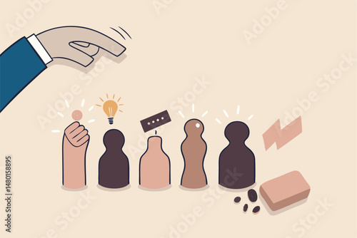 People management, human resources take care of talent, employee and colleagues in company concept, manager hand managing wooden doll with emotional, exhausted, skillful, sick leave or conflicted.