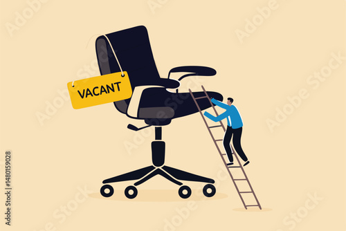 Candidate searching for job, career path or job promotion to be management, ladder of work success concept, ambitious businessman worker climbing the ladder to management office chair with vacant sign