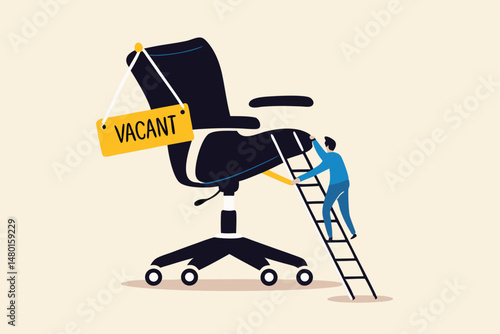 Candidate searching for job, career path or job promotion to be management, ladder of work success concept, ambitious businessman worker climbing the ladder to management office chair with vacant sign