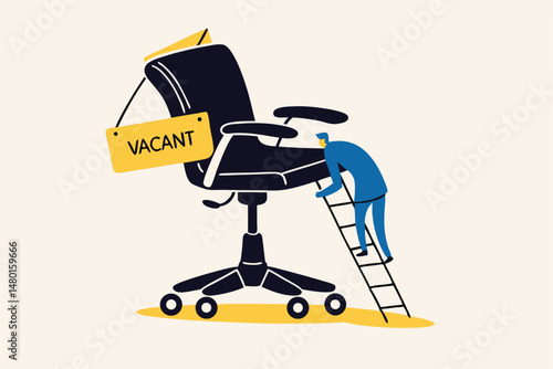 Candidate searching for job, career path or job promotion to be management, ladder of work success concept, ambitious businessman worker climbing the ladder to management office chair with vacant sign