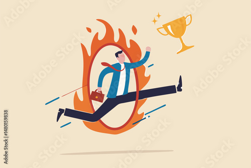 Business challenge, obstacle, risk or danger to overcome to become success, achievement or reward for work effort concept, skillful businessman jump over fiery burning hoops to catch winning trophy.