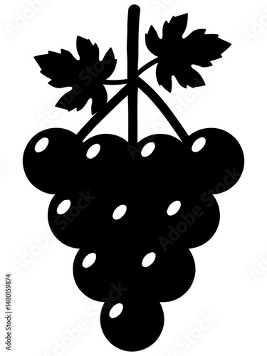 Minimalist vector illustration of a grape bunch with two leaves and a stem, composed of bold, clean shapes, perfect for wine, fruit, or organic product design themes.