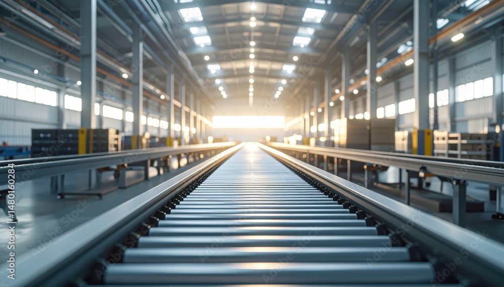 Industrial Conveyor System in Modern Warehouse at Sunset Light Industrial Conveyor System in Modern Warehouse at Sunset Light