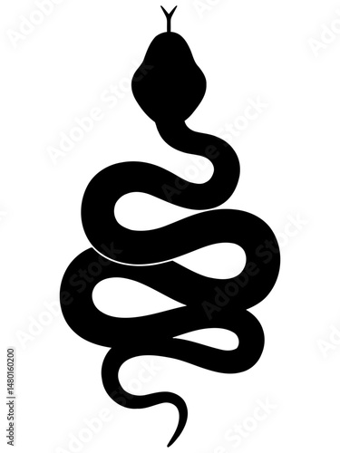 Simple vector illustration of a snake in a coiled posture, featuring a smooth, minimal black silhouette with subtle curves and white highlights, ideal for icons or tattoos.