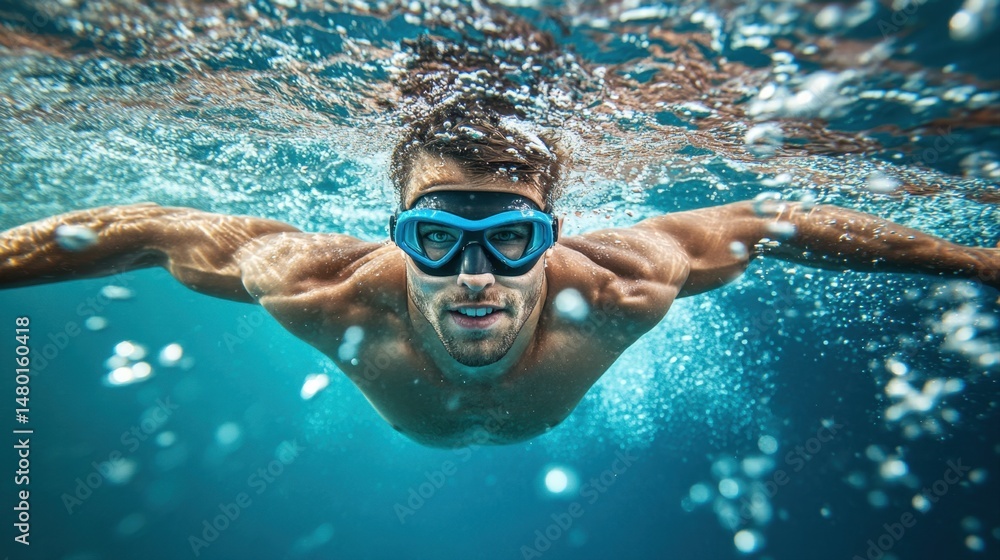 Fototapeta premium Athletic Man Swimming Underwater with Goggles in Clear Blue Water, Fitness and Leisure Scene Captured in Action