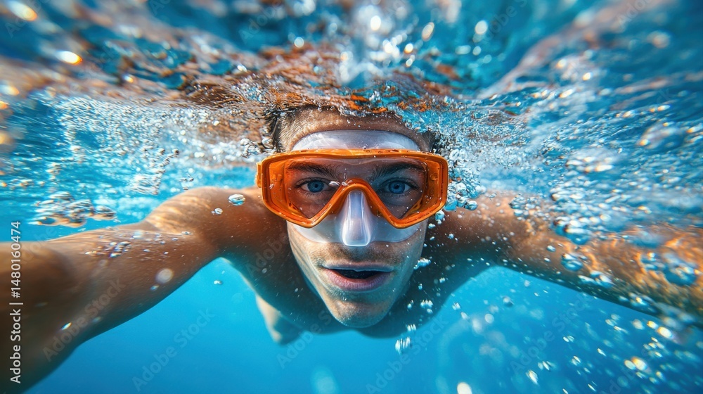Naklejka premium Young Man Swimming Underwater with Orange Goggles and Bubbles in Clear Blue Water