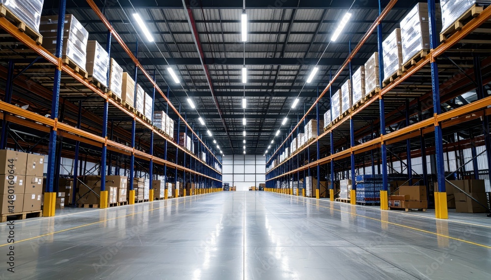 Fototapeta premium Empty warehouse interior with organized shelving and bright lighting