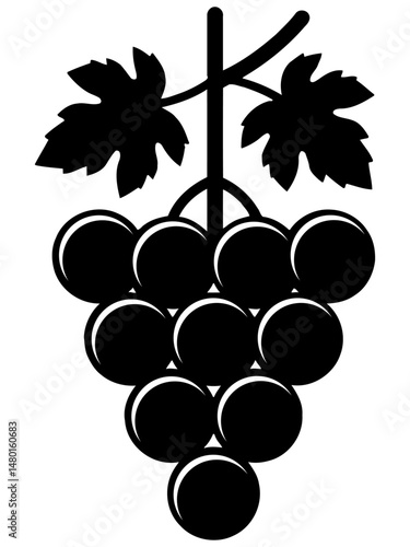 Minimalist vector illustration of a grape bunch with two leaves and a stem, composed of bold, clean shapes, perfect for wine, fruit, or organic product design themes.