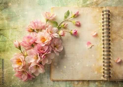 Rustic Spring Floral Notebook Texture Background - Double Exposure Photography