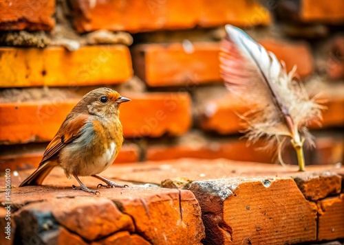 Rustic Terracotta Brick Texture with Tiny Bird Detail - Close-Up Stock Photo