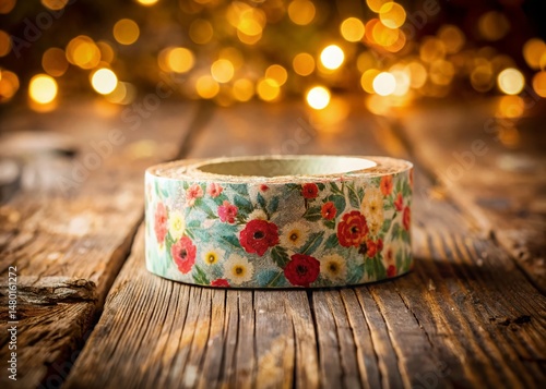 Rustic Washi Tape Pattern on Distressed Wood Background - Bokeh Effect Stock Photo