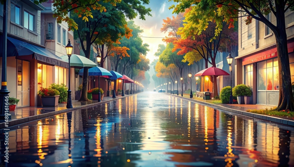 Fototapeta premium Scenic Rainy Street with Colorful Trees and Reflections at Dusk
