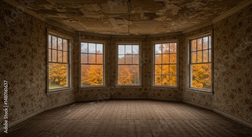Abandoned Room with Autumn Foliage View Through Windows   Derelict Interior with Weathered Wallpaper and Fall Trees for Real Estate  Decay Concepts  and Seasonal Design