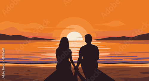 Silhouetted couple sitting by the beach during sunset with orange sky  