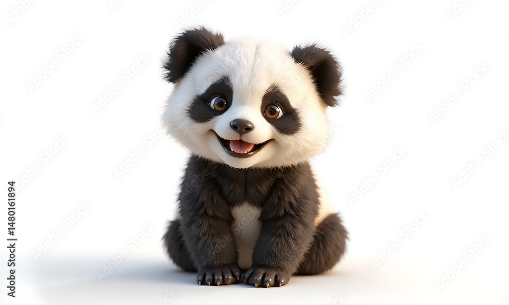 Obraz premium Smiling panda cub 3D render with bamboo background