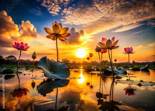 Serene Lotus Pond Silhouette Photography: Peaceful Water Lilies at Sunset