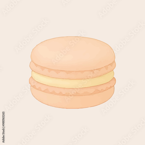 A soft and delicate peach-colored macaron with a smooth, glossy exterior, filled with a creamy yellow filling, offering a perfect blend of sweetness and elegance in every bite