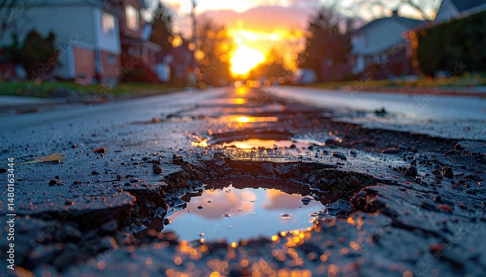 Fototapeta premium Sunset Reflection in Pothole on a Residential Street at Dusk