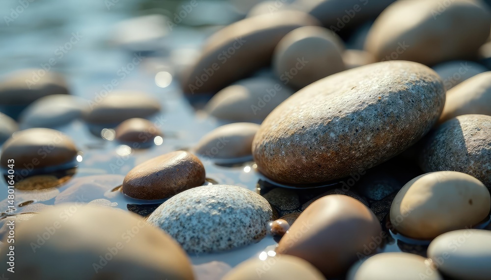 Close-up of soft, textured riverbed stones, smooth pebbles, natural arrangement, river, water Close-up of soft, textured riverbed stones, smooth pebbles, natural arrangement, river, water