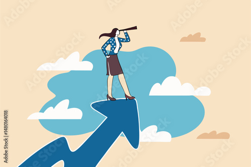 Woman leader with lady power business vision, woman visionary to see business opportunity concept, success businesswoman standing on top of rising arrow with telescope or spyglass to see future vision