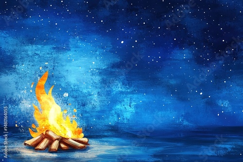 hand-drawn illustration of a campfire under a starry sky, with a blue background and copy space on the right side, watercolor style, used as a background for design, print, and packaging.