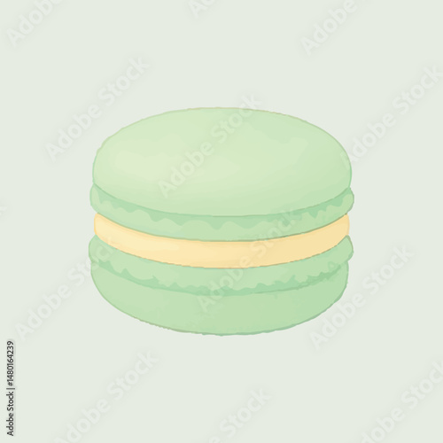 A fresh green macaron with a smooth and soft texture, filled with a creamy yellow filling, making it a delicate and elegant dessert perfect for any occasion