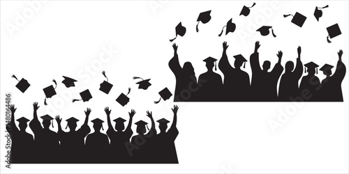 Graduated at university, college. Crowd of graduates in mantles, throws up the square academic caps, Graduating Class Silhouettes Throwing Caps in the Air