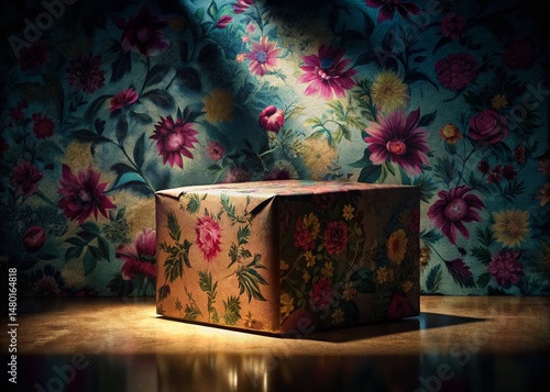 Silhouette Delivery Package Artistic Sketch Subtle Floral Print Background Stock Photo