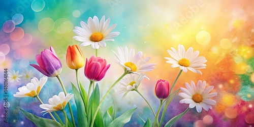 Silhouette Daisy & Tulip Flowers Watercolor Valentine's Day Christmas Summer Wallpaper Banner