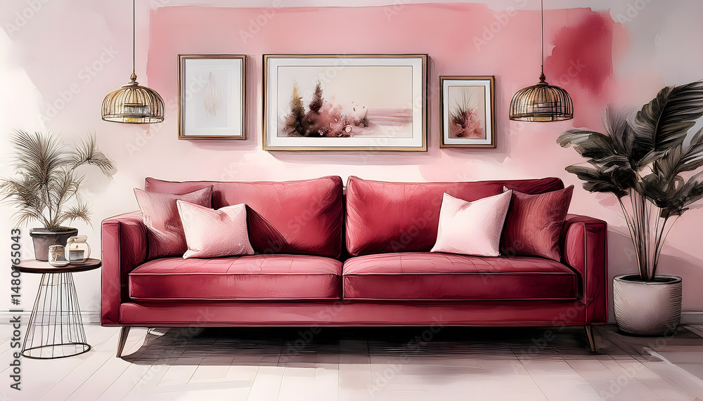 Fototapeta premium A warm, inviting living room featuring a red sofa against a pink wall, adorned with framed pictures and lush plants, rendered in a soft style
