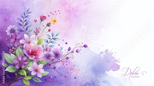 Silhouette Floral Greeting Card Design: Lilac Watercolor Splash & Flower Silhouette Background for Wedding Invitation or Wallpaper