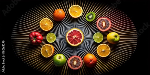 Silhouette Fruit Pattern: Elegant Radiating Lines & Repeating Design, Stock Photo