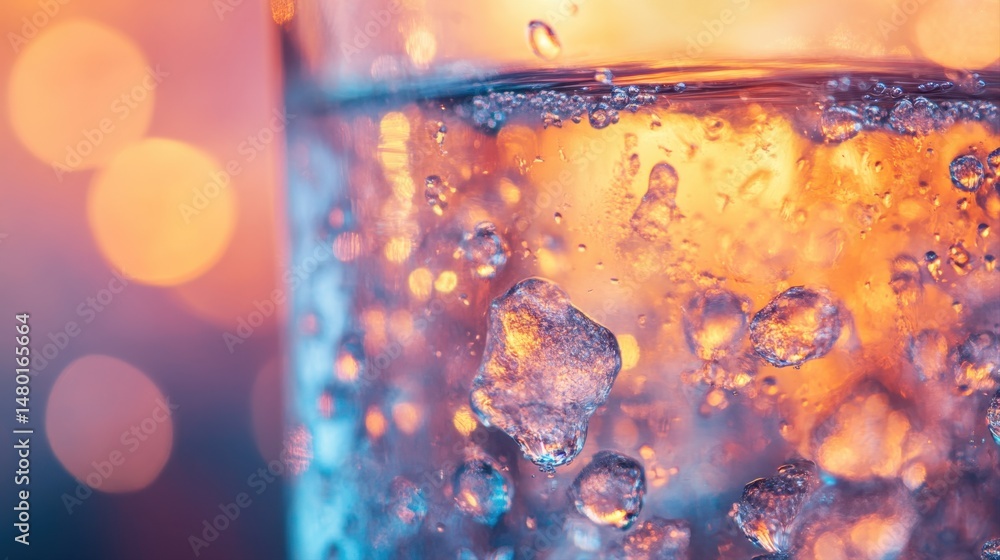 Fototapeta premium Close-Up View of Bubbles in Sparkling Water with Colorful Background and Soft Focus Effect