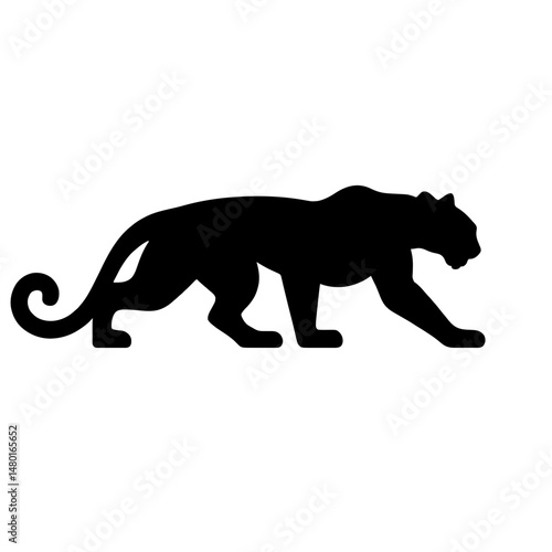 Minimalist black silhouette of a jaguar in a stalking pose on white background
