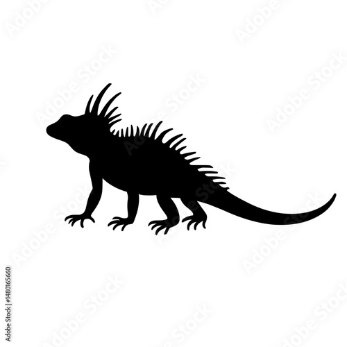 Minimalist black silhouette of an iguana with spiky dorsal crest on white background