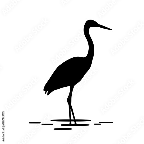 Minimalist black silhouette of a heron standing in shallow water